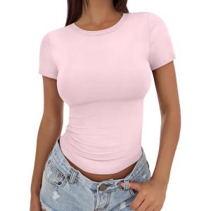 imageTrendy Queen Womens Basic T Shirts Summer Tops 2026 Crop Short Sleeve Slim Fit Tee Cute Gym Workout ClothesLightpink