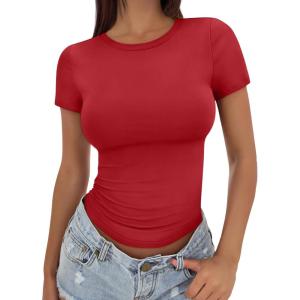 imageTrendy Queen Womens Basic T Shirts Summer Tops 2026 Crop Short Sleeve Slim Fit Tee Cute Gym Workout ClothesRed