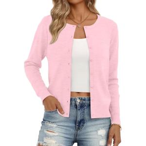 imageTrendy Queen Womens Cardigan Sweaters Lightweight Crew Neck Outfits Fall Fashion 2025 ClothingPink