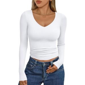 imageTrendy Queen Womens Double Lined V Neck Long Sleeve Shirt 2025 Fall Fitted Crop Top Going Out Basic Tee Fashion ClothingWhite
