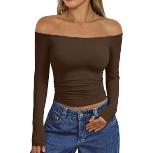 imageTrendy Queen Womens Long Sleeve Off The Shoulder Tops Going Out Cute Basic Y2K Fall Fashion 2025 Outfits ClothesChocolate