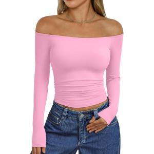 imageTrendy Queen Womens Long Sleeve Off The Shoulder Tops Going Out Cute Basic Y2K Fall Fashion 2025 Outfits ClothesRose Pink