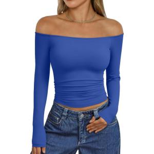 imageTrendy Queen Womens Long Sleeve Off The Shoulder Tops Going Out Cute Basic Y2K Fall Fashion 2025 Outfits ClothesRoyalblue