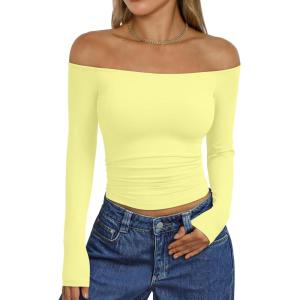 imageTrendy Queen Womens Long Sleeve Off The Shoulder Tops Going Out Cute Basic Y2K Fall Fashion 2025 Outfits ClothesYellow