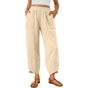 imageTrendy Queen Womens Wide Leg Pants Boho Summer Capri Palazzo Harem Casual Barrel Sweatpants Baggy Slacks with PocketsBeige