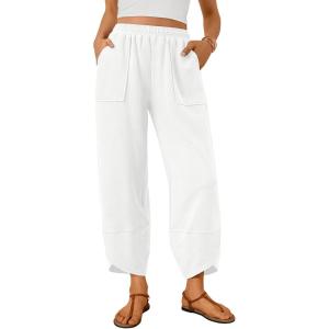 imageTrendy Queen Womens Wide Leg Pants Boho Summer Capri Palazzo Harem Casual Barrel Sweatpants Baggy Slacks with PocketsWhite