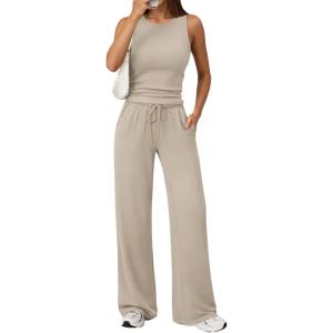 imageTrendy Queen Womens 2 Piece Outfits Sweatsuit Lounge Sets Sleeveless Tank Tops Summer Vacation Wide Leg Pants TracksuitsBeige