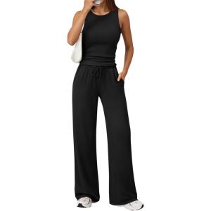 imageTrendy Queen Womens 2 Piece Outfits Sweatsuit Lounge Sets Sleeveless Tank Tops Summer Vacation Wide Leg Pants TracksuitsBlack