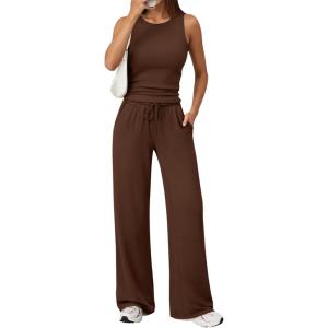 imageTrendy Queen Womens 2 Piece Outfits Sweatsuit Lounge Sets Sleeveless Tank Tops Summer Vacation Wide Leg Pants TracksuitsCoffee