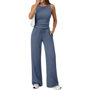 imageTrendy Queen Womens 2 Piece Outfits Sweatsuit Lounge Sets Sleeveless Tank Tops Summer Vacation Wide Leg Pants TracksuitsDusty Blue