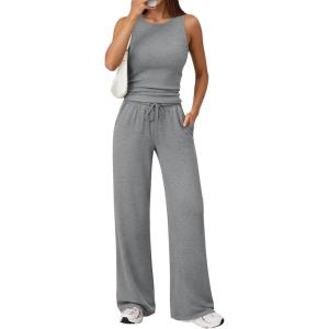 imageTrendy Queen Womens 2 Piece Outfits Sweatsuit Lounge Sets Sleeveless Tank Tops Summer Vacation Wide Leg Pants TracksuitsGrey