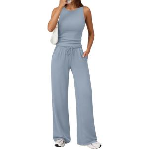 imageTrendy Queen Womens 2 Piece Outfits Sweatsuit Lounge Sets Sleeveless Tank Tops Summer Vacation Wide Leg Pants TracksuitsLight Blue