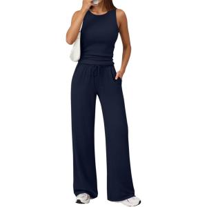 imageTrendy Queen Womens 2 Piece Outfits Sweatsuit Lounge Sets Sleeveless Tank Tops Summer Vacation Wide Leg Pants TracksuitsNavy
