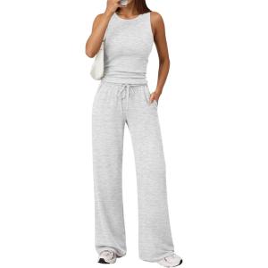 imageTrendy Queen Womens 2 Piece Outfits Sweatsuit Lounge Sets Sleeveless Tank Tops Summer Vacation Wide Leg Pants TracksuitsOatmeal Grey