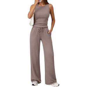 imageTrendy Queen Womens 2 Piece Outfits Sweatsuit Lounge Sets Sleeveless Tank Tops Summer Vacation Wide Leg Pants TracksuitsRose Taupe