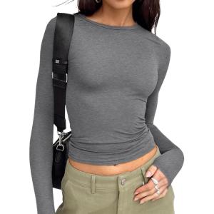 imageTrendy Queen Womens Long Sleeve T Shirts Fall Fashion 2025 Basic Crop Tops Going Out Outfits Y2k ClothesBlack Grey
