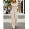 imageTrendy Queen Womens 2 Piece Matching Lounge Sets Summer Henley Neck Slightly Crop Top Wide Leg Pants Casual Sweat SuitBeige