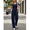 imageTrendy Queen Womens 2 Piece Matching Lounge Sets Summer Henley Neck Slightly Crop Top Wide Leg Pants Casual Sweat SuitNavy Blue