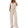 imageTrendy Queen Womens 2 Piece Matching Lounge Sets Summer Henley Neck Slightly Crop Top Wide Leg Pants Casual Sweat SuitBeige