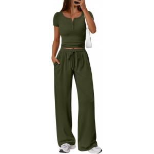imageTrendy Queen Womens 2 Piece Matching Lounge Sets Summer Henley Neck Slightly Crop Top Wide Leg Pants Casual Sweat SuitArmy Green