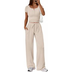 imageTrendy Queen Womens 2 Piece Matching Lounge Sets Summer Henley Neck Slightly Crop Top Wide Leg Pants Casual Sweat SuitBeige