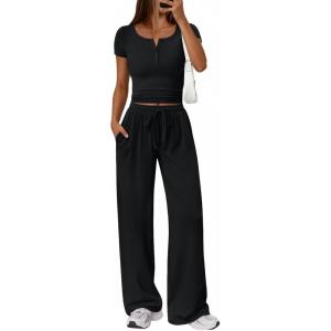 imageTrendy Queen Womens 2 Piece Matching Lounge Sets Summer Henley Neck Slightly Crop Top Wide Leg Pants Casual Sweat SuitBlack
