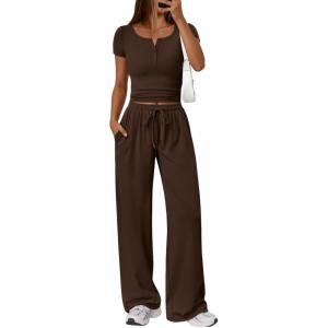 imageTrendy Queen Womens 2 Piece Matching Lounge Sets Summer Henley Neck Slightly Crop Top Wide Leg Pants Casual Sweat SuitCocoa