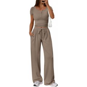 imageTrendy Queen Womens 2 Piece Matching Lounge Sets Summer Henley Neck Slightly Crop Top Wide Leg Pants Casual Sweat SuitMocha