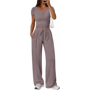 imageTrendy Queen Womens 2 Piece Matching Lounge Sets Summer Henley Neck Slightly Crop Top Wide Leg Pants Casual Sweat SuitRose Taupe