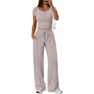 imageTrendy Queen Womens 2 Piece Matching Lounge Sets Summer Henley Neck Slightly Crop Top Wide Leg Pants Casual Sweat SuitSmoke