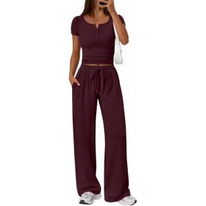 imageTrendy Queen Womens 2 Piece Matching Lounge Sets Summer Henley Neck Slightly Crop Top Wide Leg Pants Casual Sweat SuitWine Red