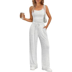 imageTrendy Queen Womens 2Piece Lounge Set  Camisole Top ampamp Wide Leg PantsOatmeal Grey