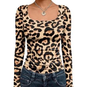 imageTrendy Queen Womens Long Sleeve Shirts Crop Tops Fall Fashion 2025 Square Neck Going Out Basics Tees Y2k ClothesBlack Leopard