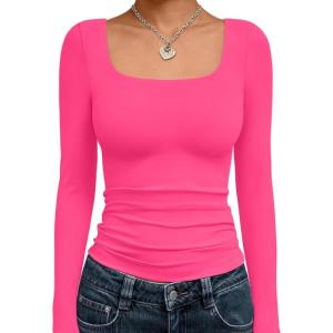 imageTrendy Queen Womens Long Sleeve Shirts Crop Tops Fall Fashion 2025 Square Neck Going Out Basics Tees Y2k ClothesBright Pink