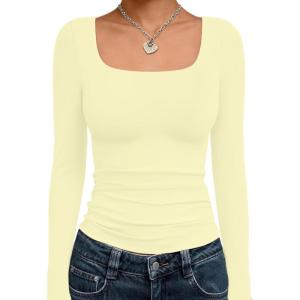 imageTrendy Queen Womens Long Sleeve Shirts Crop Tops Fall Fashion 2025 Square Neck Going Out Basics Tees Y2k ClothesCreamy Yellow