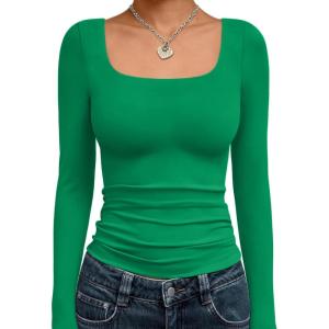 imageTrendy Queen Womens Long Sleeve Shirts Crop Tops Fall Fashion 2025 Square Neck Going Out Basics Tees Y2k ClothesGreen