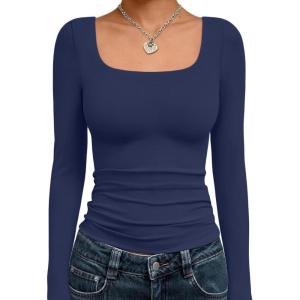 imageTrendy Queen Womens Long Sleeve Shirts Crop Tops Fall Fashion 2025 Square Neck Going Out Basics Tees Y2k ClothesNavy Blue
