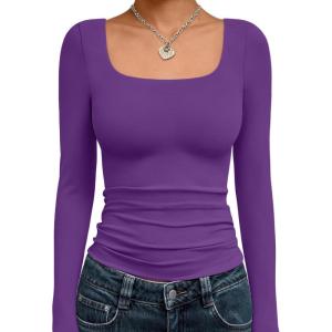 imageTrendy Queen Womens Long Sleeve Shirts Crop Tops Fall Fashion 2025 Square Neck Going Out Basics Tees Y2k ClothesPurple