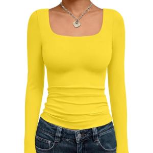 imageTrendy Queen Womens Long Sleeve Shirts Crop Tops Fall Fashion 2025 Square Neck Going Out Basics Tees Y2k ClothesYellow