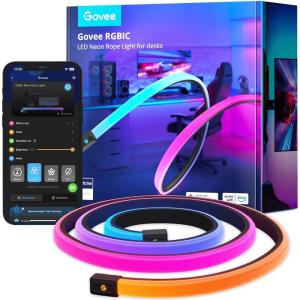 imageGovee RGBIC Gaming Lights 10ft Neon Rope Lights Soft Lighting for Gaming Desks LED Strip Lights Syncing with Razer Chroma Support Cutting Smart App Control Music Sync Adapter Only 24G WiFi10ft