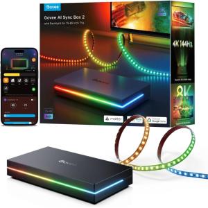 imageGovee HDMI 21 Sync Box 2 AI Sync Box with TV Backlight Supports 8K60Hz 4K144Hz VRR and ALLM Works with Matter and Alexa RGBIC LED Light Strip for 5565 inch TVs 75 LEDsm163FT for 7585 TV