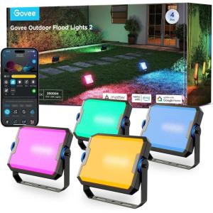 imageGovee Outdoor Flood Lights 2 RGBIC Warm Cold White LED Lights 50 Scene Modes for Party Landscape Lighting Upgrated IP66 with App Control Wired 4 Pack4 pack