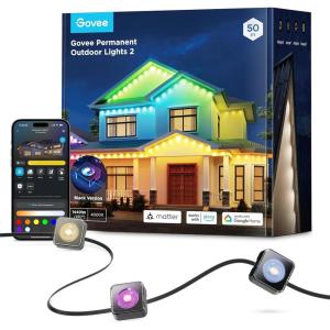 imageGovee Permanent Outdoor Lights 2 100ft RGBIC Outdoor Lights with 72 LED Lights IP67 Waterproof 100 Scene Modes with 40lm White for Outdoor Decorations Works with Alexa Google Assistant WhiteBlack