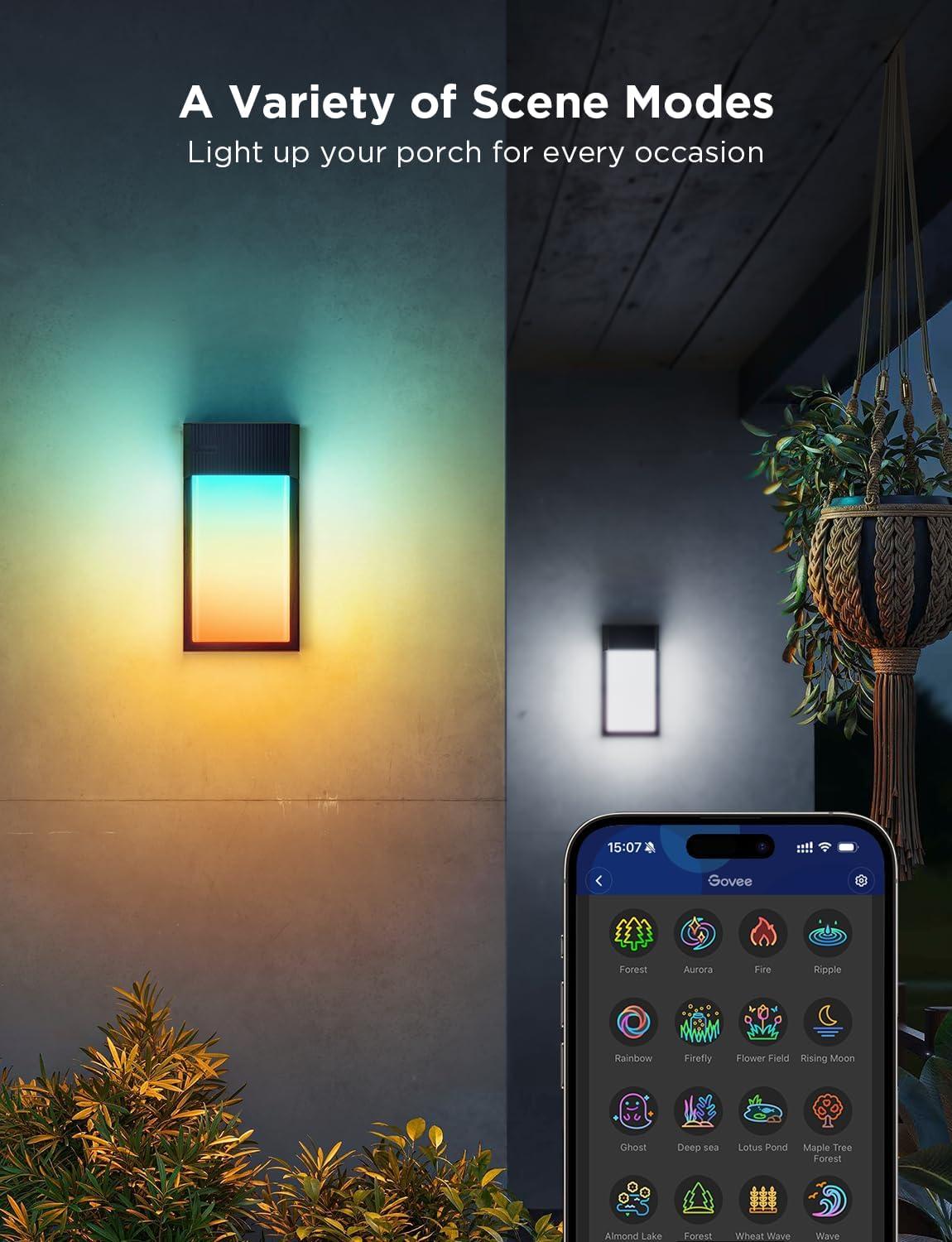 imageGovee Outdoor Wall Light 1500LM Smart RGBIC Porch Lights Outdoor with 45 Scene Modes IP65 Waterproof for Outdoor Decor DIY Lighting Effects Works with Alexa Google Assistant and Matter 2 Pack2