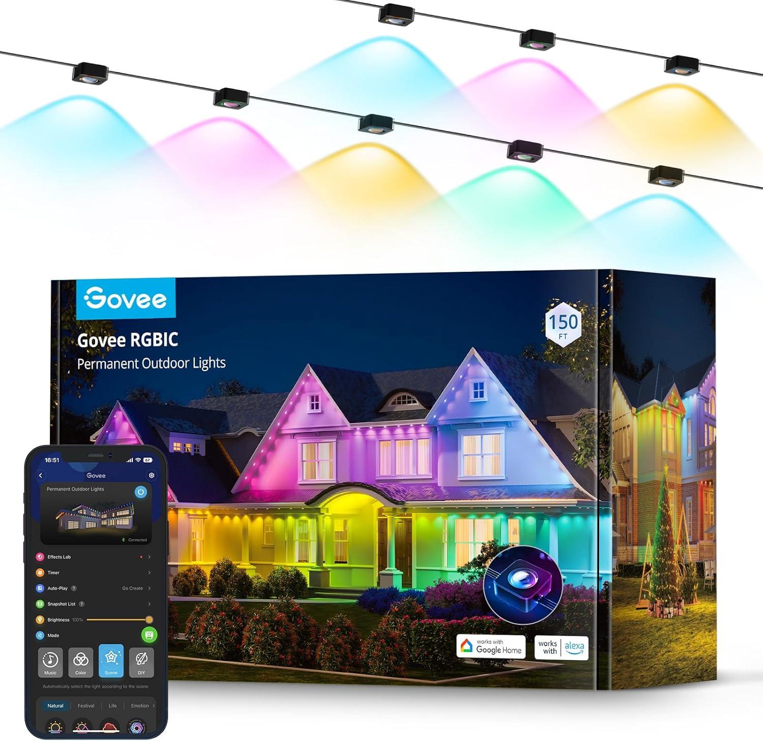 imageGovee Permanent Outdoor Lights Smart RGBIC Outdoor Decor with 75 Scene Modes 100ft with 72 LED Lights IP67 Waterproof for Outdoor Decorations Work with Alexa Google Assistant WhiteBlack