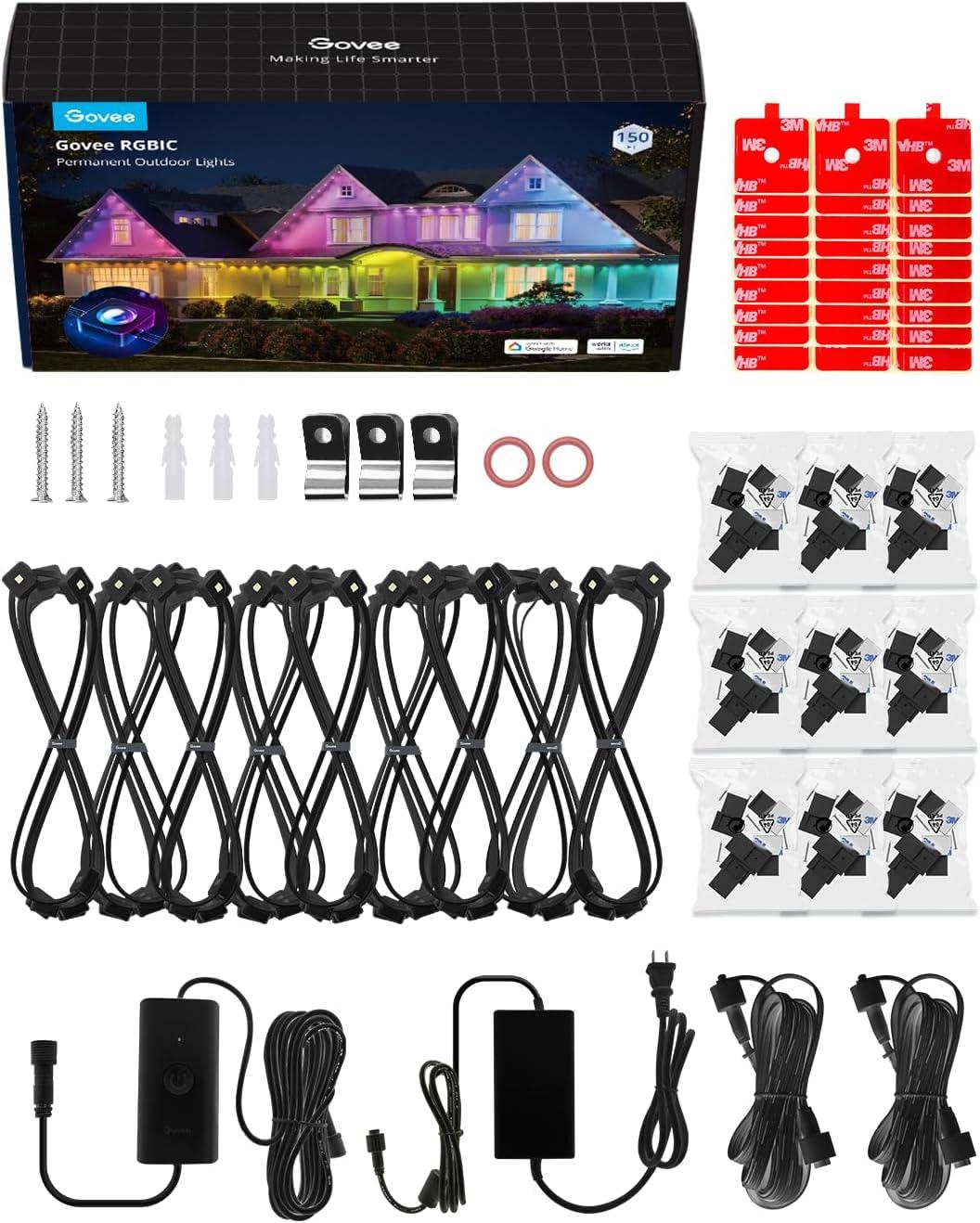 imageGovee Permanent Outdoor Lights Smart RGBIC Outdoor Decor with 75 Scene Modes 100ft with 72 LED Lights IP67 Waterproof for Outdoor Decorations Work with Alexa Google Assistant WhiteBlack