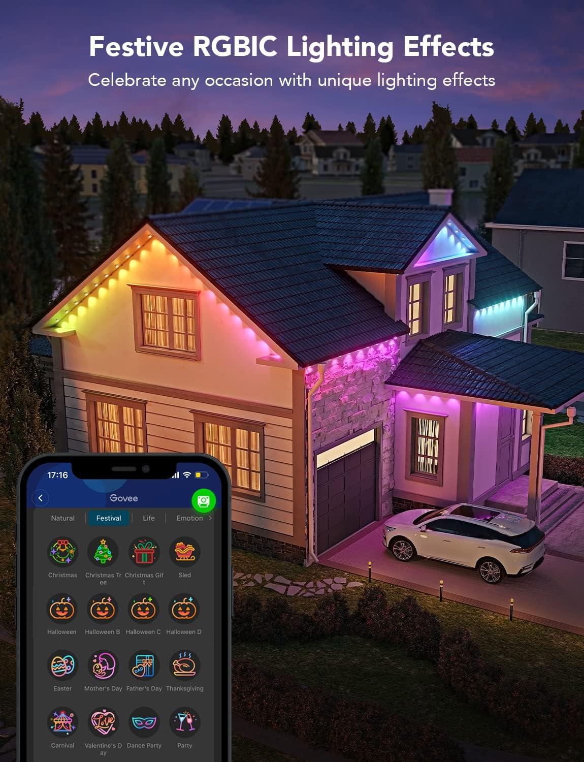 imageGovee Permanent Outdoor Lights Smart RGBIC Outdoor Decor with 75 Scene Modes 100ft with 72 LED Lights IP67 Waterproof for Outdoor Decorations Work with Alexa Google Assistant WhiteBlack