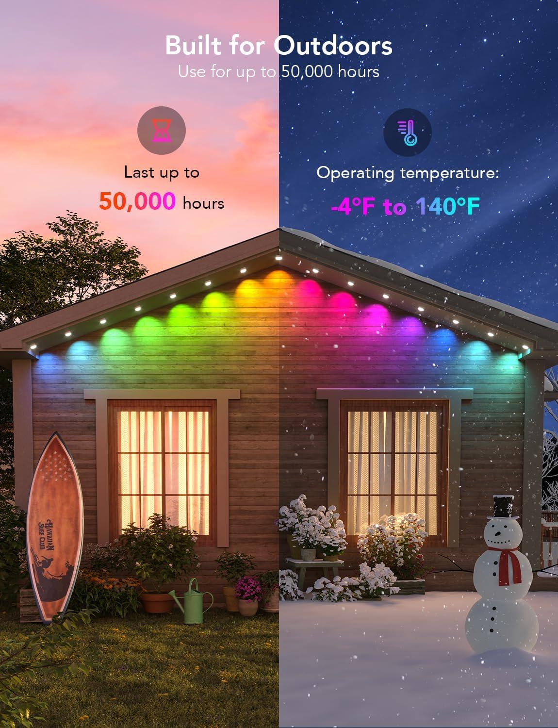 imageGovee Permanent Outdoor Lights Smart RGBIC Outdoor Decor with 75 Scene Modes 100ft with 72 LED Lights IP67 Waterproof for Outdoor Decorations Work with Alexa Google Assistant WhiteBlack