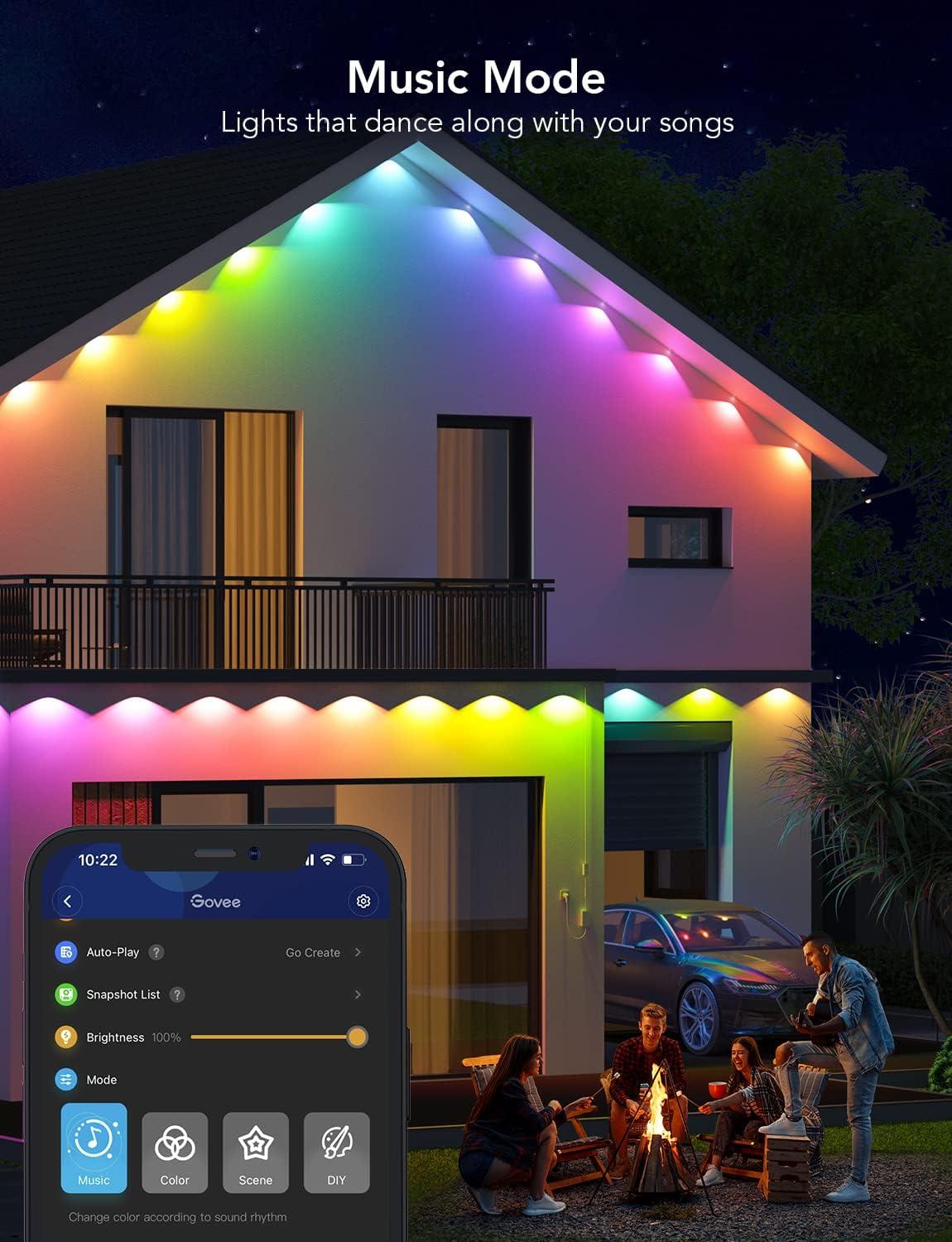 imageGovee Permanent Outdoor Lights Smart RGBIC Outdoor Decor with 75 Scene Modes 100ft with 72 LED Lights IP67 Waterproof for Outdoor Decorations Work with Alexa Google Assistant WhiteBlack