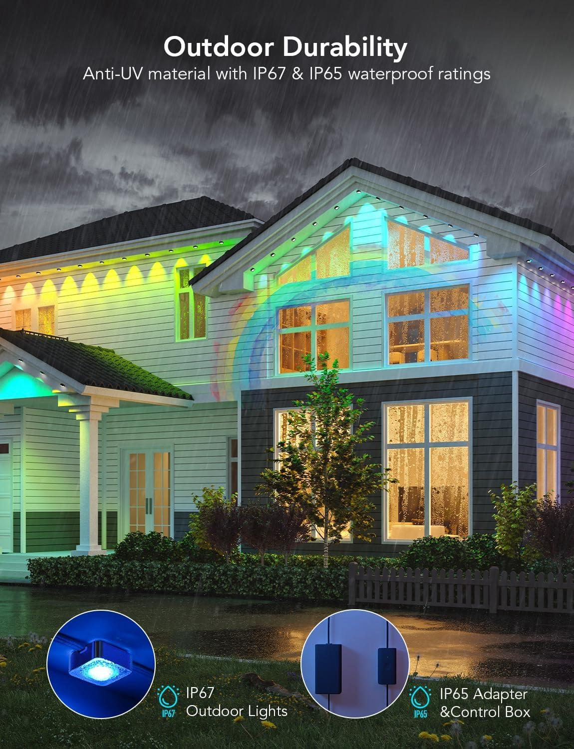 imageGovee Permanent Outdoor Lights Smart RGBIC Outdoor Decor with 75 Scene Modes 100ft with 72 LED Lights IP67 Waterproof for Outdoor Decorations Work with Alexa Google Assistant WhiteBlack